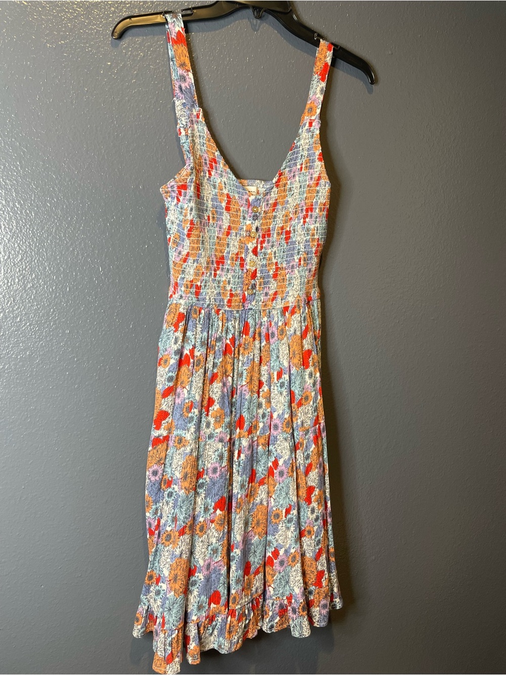 Japna Floral Smocked Midi Dress M Boho Button Front Rayon Sundress SKU016